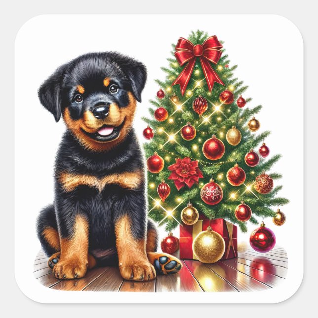 Rottweiler Puppy by a Christmas Tree With Gifts Square Sticker (Front)