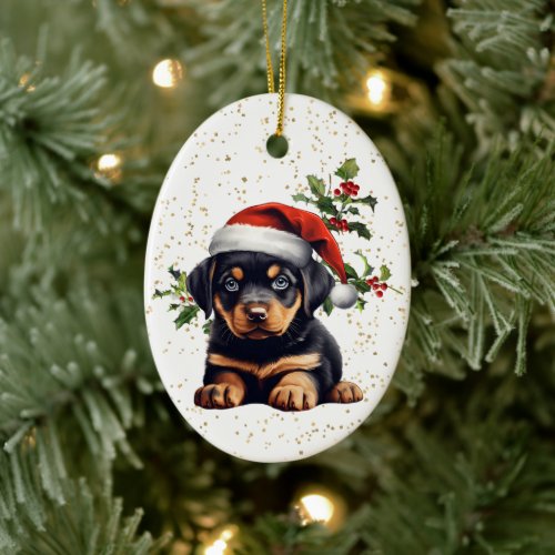 Rottweiler Puppy Christmas Holly Ceramic Ornament