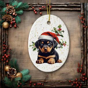 Rottweiler Puppy Christmas Holly Ceramic Ornament
