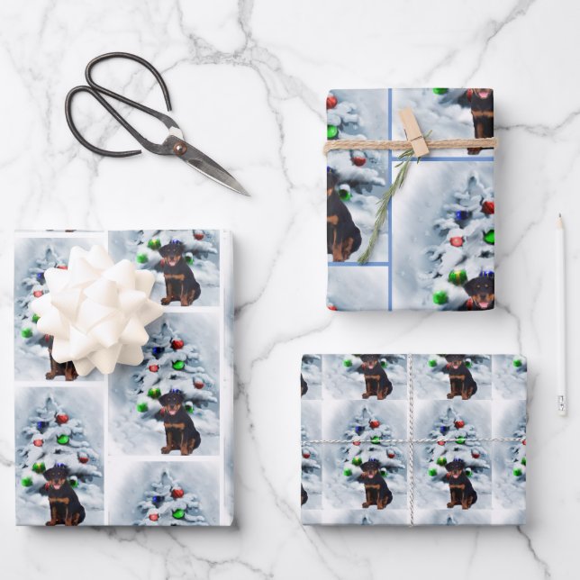 Rottweiler Puppy Christmas Wrapping Paper Sheets (Front)