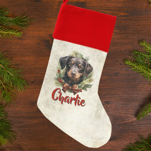 Rottweiler puppy christmas wreath with custom name stocking