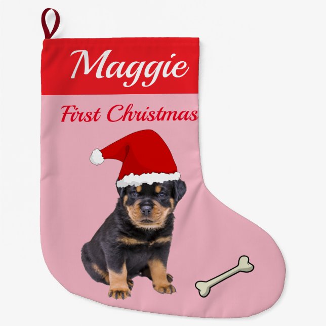 Rottweiler Puppy First Christmas Large Christmas Stocking (Front)