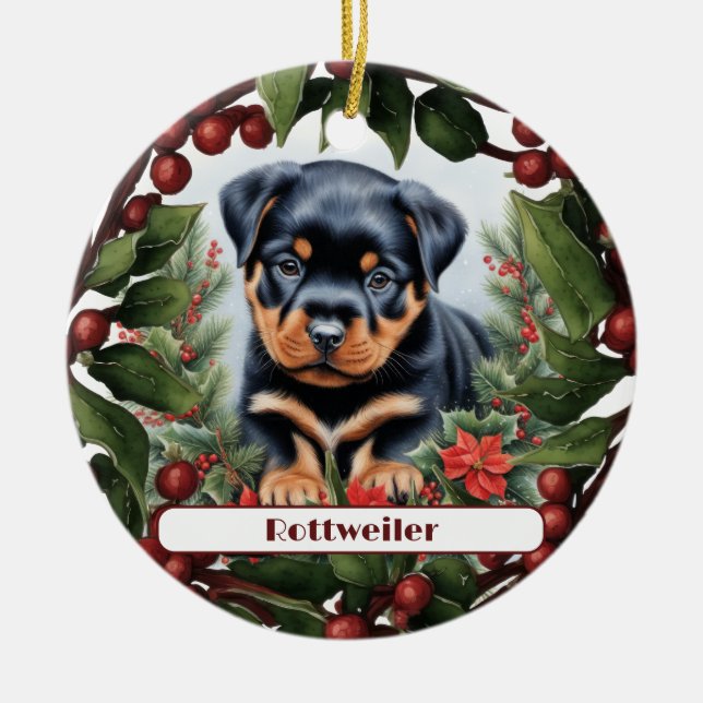 Rottweiler Puppy Holiday Joy Custom Christmas  Ceramic Ornament (Front)