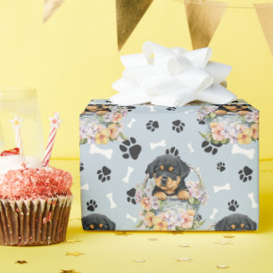Rottweiler Puppy in Floral Basket Paw Print Wrapping Paper