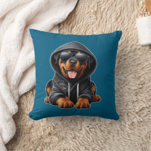 Rottweiler Puppy in Hooded Sweatshirt Throw Pillow