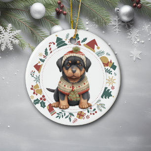 Rottweiler Puppy in Winter Sweater Christmas Ceramic Ornament