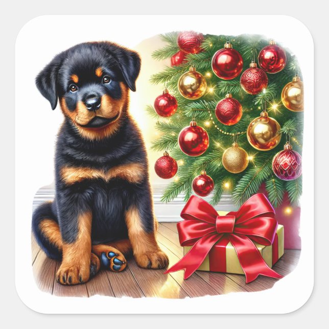 Rottweiler Puppy Next to a Christmas Tree Square Sticker (Front)