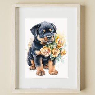 Rottweiler Puppy Pet Watercolor Flower Poster
