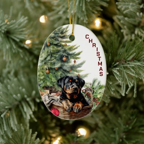 Rottweiler Puppy Wicker Basket Christmas Ceramic Ornament