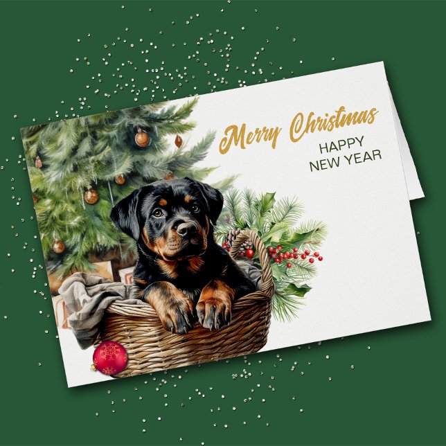 Rottweiler Puppy Wicker Basket Christmas Tree Cards (Creator Uploaded)