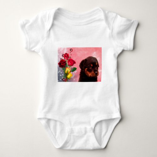 Rottweiler Puppy with Red and Yellow Flowers Baby Bodysuit