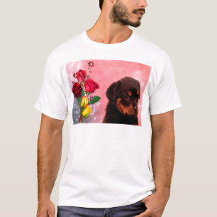 Rottweiler Puppy with Red and Yellow Flowers T-Shirt