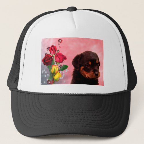 Rottweiler Puppy with Red and Yellow Flowers Trucker Hat