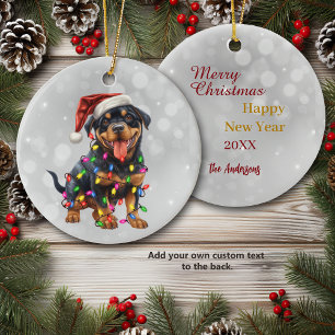 Rottweiler Puppy Wrapped in Christmas Lights Ceramic Ornament