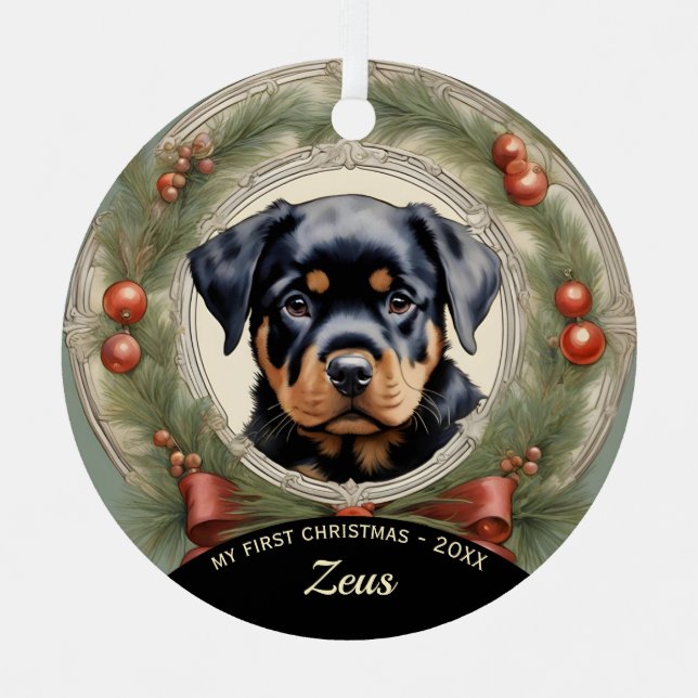 Rottweiler Puppy's First Christmas Ornament (Front)
