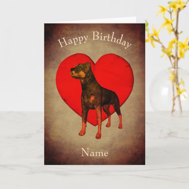 Rottweiler Red Heart Dog Personalized Birthday  Card (Yellow Flower)