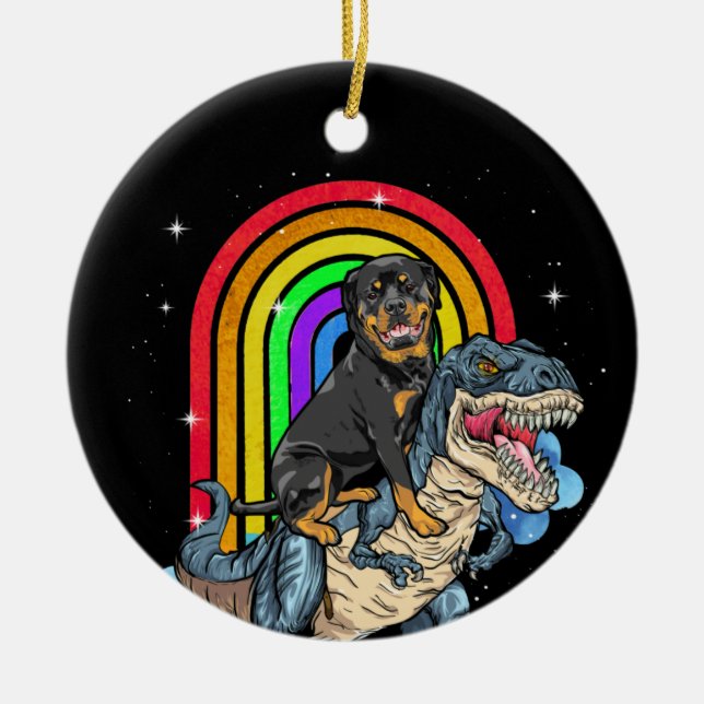 Rottweiler Riding Dinosaur T rex Rainbow Ceramic Ornament (Front)