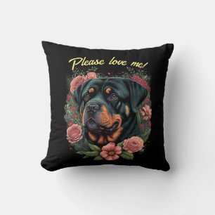 Rottweiler& Roses Throw Pillow & Customizable Text