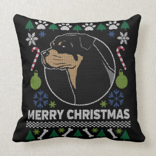 Rottweiler Rottie Merry Christmas Ugly Sweater Throw Pillow