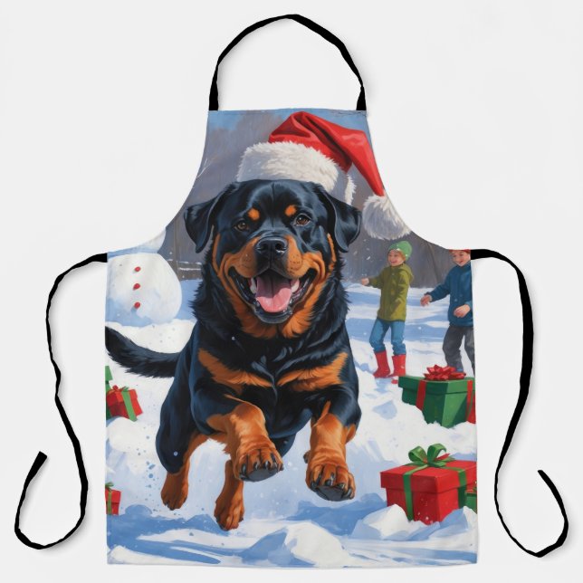 Rottweiler Running in Snow with Christmas Hat Apron (Front)