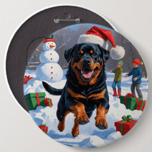 Rottweiler Running in Snow with Christmas Hat Button