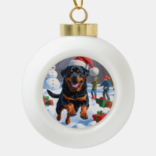 Rottweiler Running in Snow with Christmas Hat Ceramic Ball Christmas Ornament