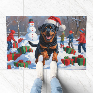 Rottweiler Running in Snow with Christmas Hat Doormat