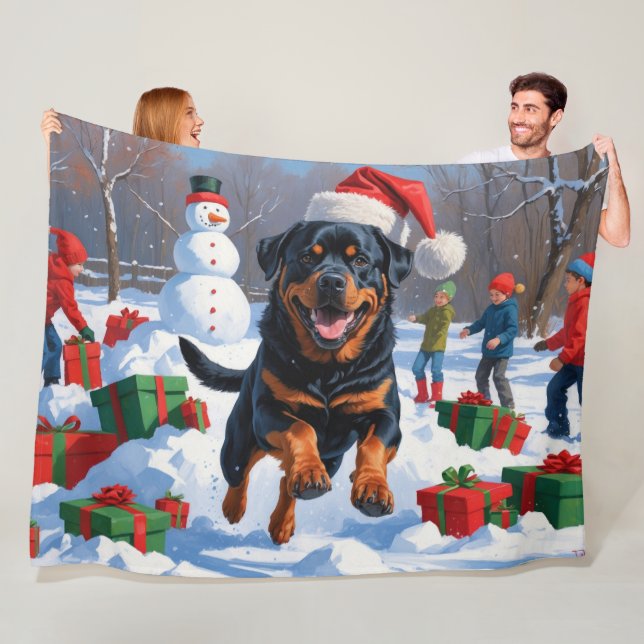 Rottweiler Running in Snow with Christmas Hat Fleece Blanket (In Situ)