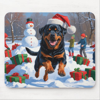 Rottweiler Running in Snow with Christmas Hat Mouse Pad