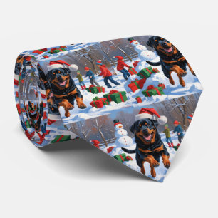 Rottweiler Running in Snow with Christmas Hat Neck Tie