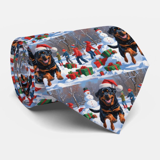 Rottweiler Running in Snow with Christmas Hat Neck Tie (Rolled)
