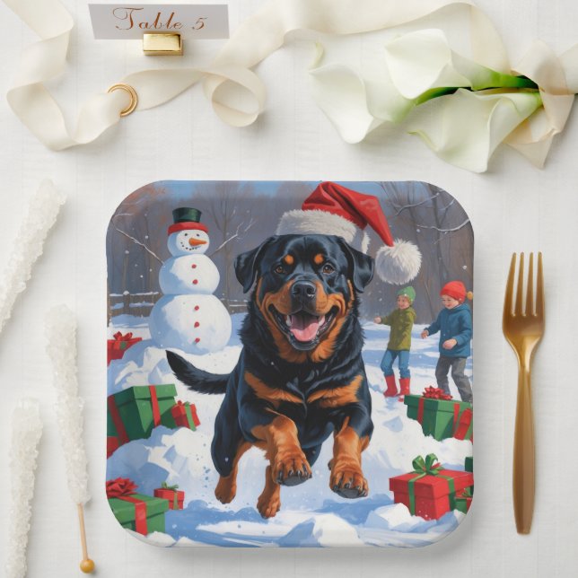 Rottweiler Running in Snow with Christmas Hat Paper Plates (Wedding)