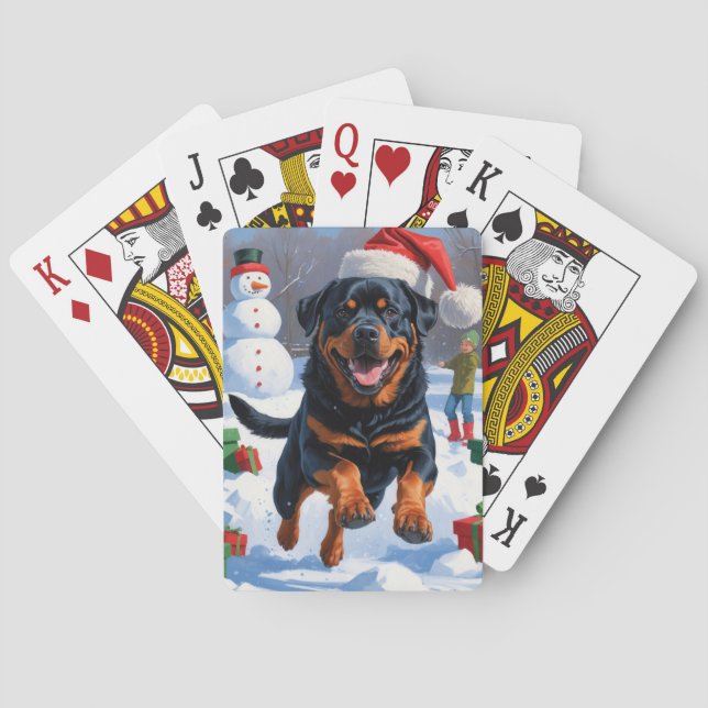 Rottweiler Running in Snow with Christmas Hat Poker Cards (Back)