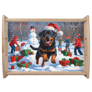 Rottweiler Running in Snow with Christmas Hat Serving Tray