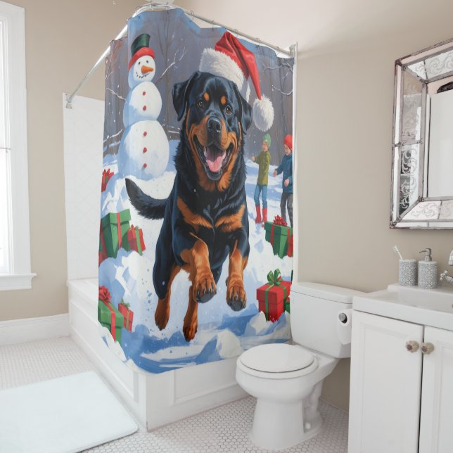 Rottweiler Running in Snow with Christmas Hat Shower Curtain (In Situ)