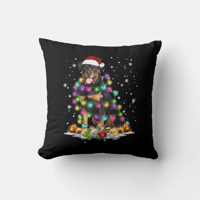 Rottweiler Santa Christmas Tree Lights Xmas Throw Pillow (Front)