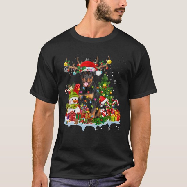 Rottweiler Santa Hat Reindeer Christmas Lights Paj T-Shirt (Front)