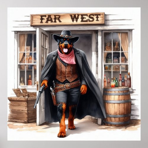 Rottweiler Sheriff in Far West Saloon Watercolor Poster