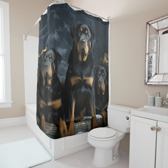Rottweiler Snowy Sleigh Christmas Decor  Shower Curtain (In Situ)
