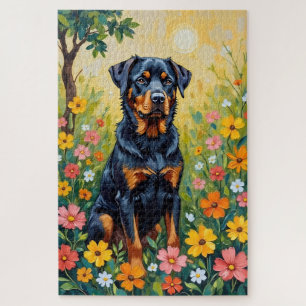 Rottweiler Spring Garden Floral Dog Jigsaw Puzzle