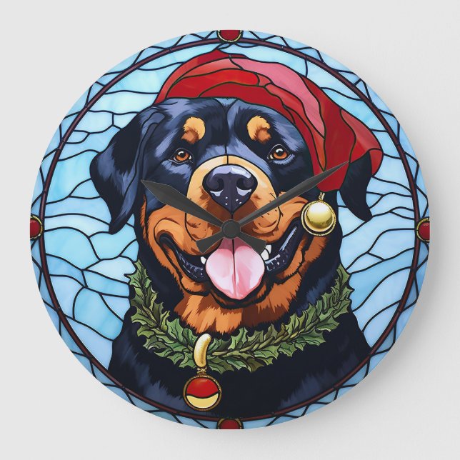 Rottweiler Stained Glass Christmas Large Clock (Front)