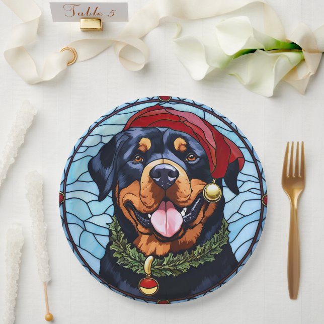 Rottweiler Stained Glass Christmas Paper Plates (Wedding)