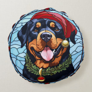 Rottweiler Stained Glass Christmas Round Pillow