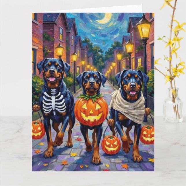 Rottweiler Trick-or-Treating In Halloween Costumes Card (Yellow Flower)