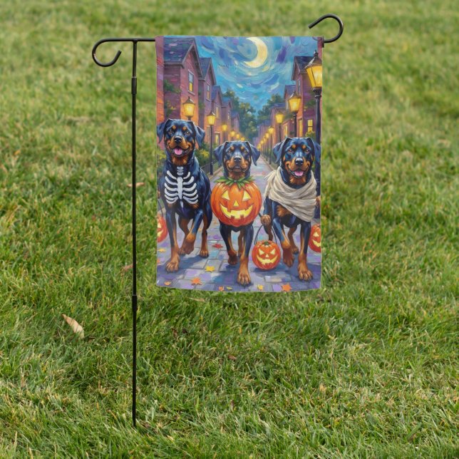 Rottweiler Trick-or-Treating In Halloween Costumes Garden Flag (In SItu)