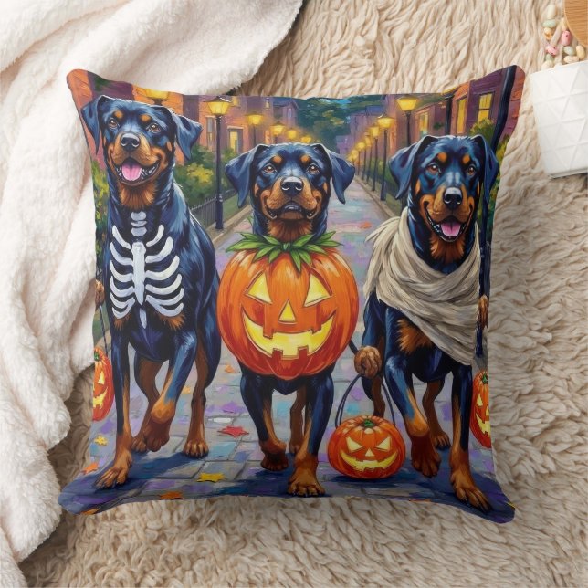 Rottweiler Trick-or-Treating In Halloween Costumes Throw Pillow (Blanket)