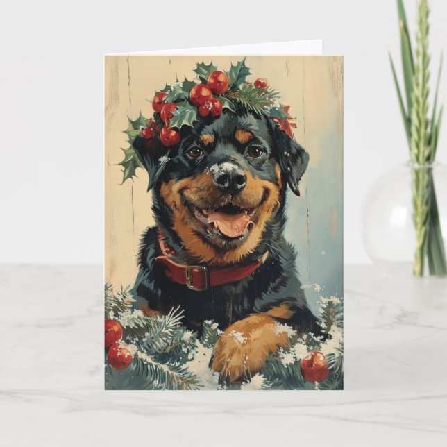 Rottweiler vintage personalized Christmas  Holiday Card (Front)