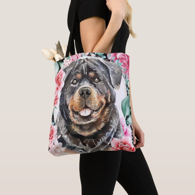Rottweiler watercolor dog face rose wreath art tote bag (Close Up)