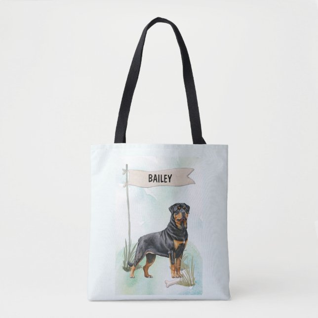 Rottweiler Watercolor Personalized Dog Tote Bag (Front)