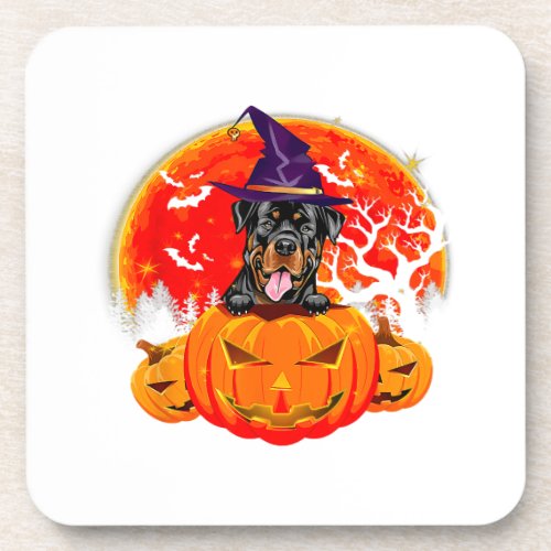 Rottweiler Witch Pumpkin Women Dog Lover  Beverage Coaster